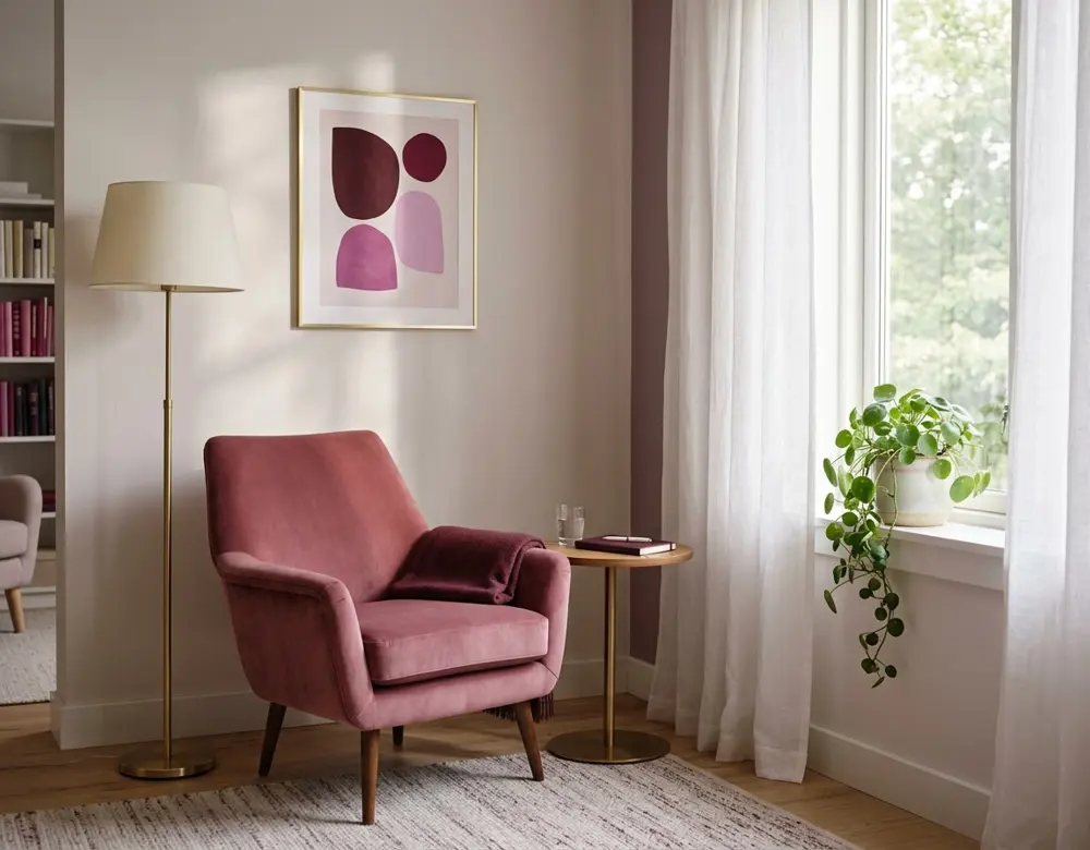 Poltrona rosa, mesa lateral com caderno e planta ao lado da janela, no espaço de atendimento